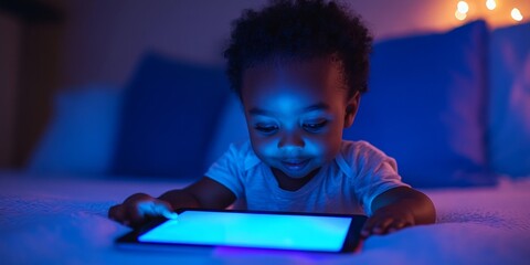 Young happy Black child using a smart tablet. The African American toddler is gaming on an iPad, using AI technology to enhance learning and cognitive development. Blue light, Generative AI