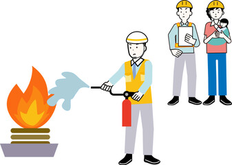 消防訓練、火災訓練、避難訓練、防災訓練、消火訓練で消火器を使う練習をする人のイメージのイラスト