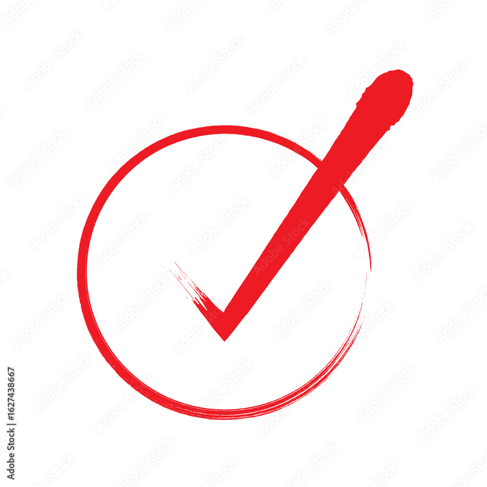 Poster red check mark inside a circle on a black background indicating completion isolated on transparent b