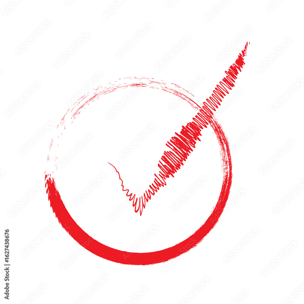 Poster a red check mark inside a circle drawn with a sketchy style on black background isolated on transpar