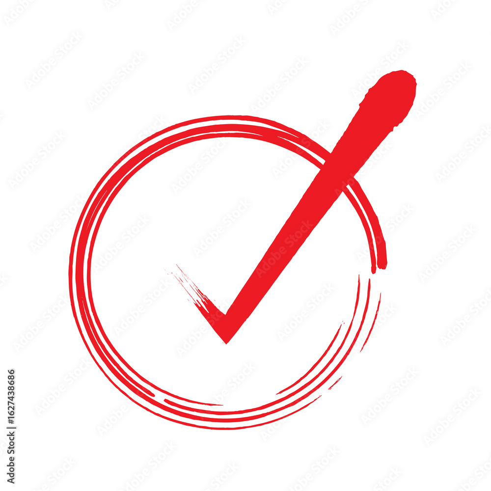 Poster a red check mark inside a red circle on a black background simple design art isolated on transparent