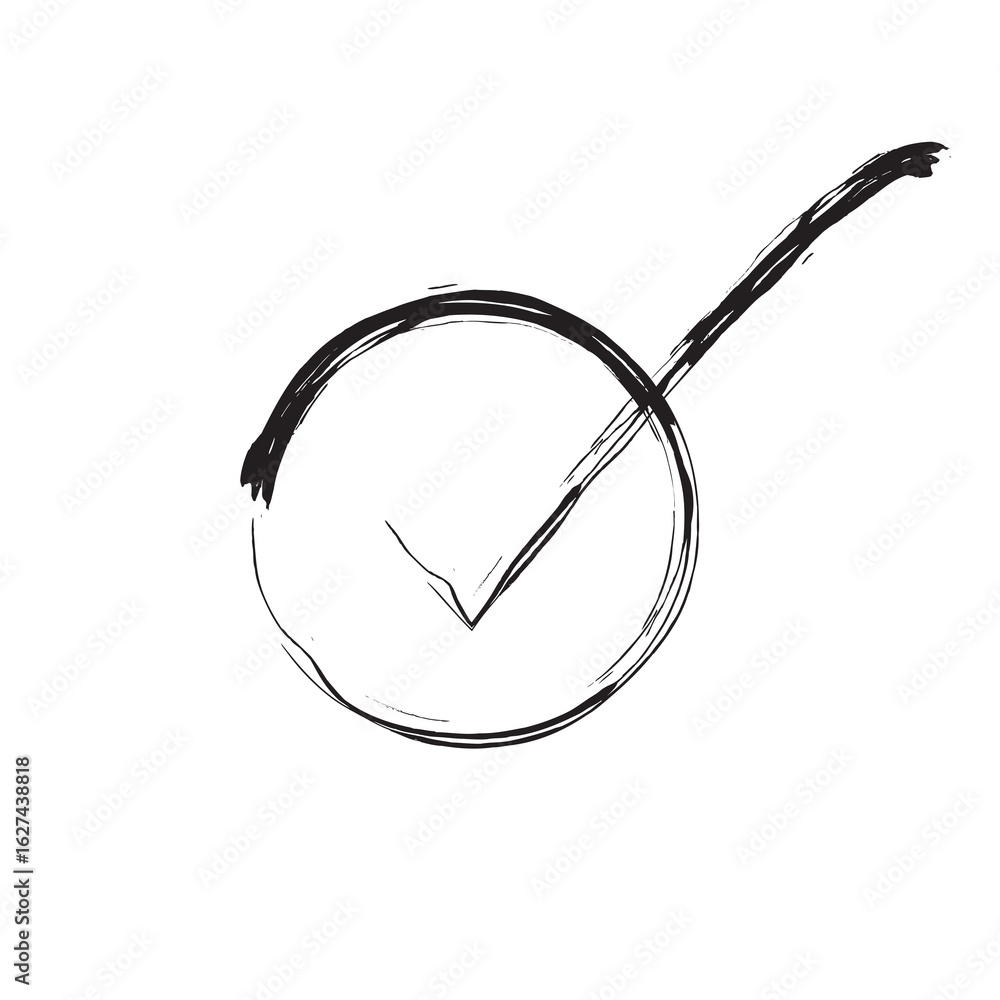 Poster hand drawn check mark inside a circle on black background in simple style isolated on transparent ba