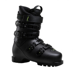 High-Performance Black Ski Boot with Carbon Fiber Texture and Neon Green Accents, Designed for Winter Sports Enthusiasts