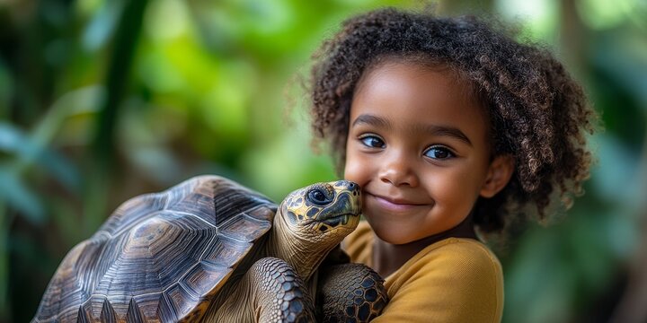 Happy mixed-race child holding and hugging a tortoise. The image highlights the childs affection for animals, teaching compassion and environmental awareness, Generative AI