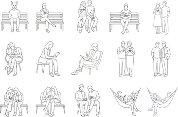 Obraz premium Collection of diverse people in various poses and activities depicted in a minimalist line art sketch style on a white background