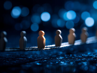 Wooden figures standing on rope symbolize teamwork and support in challenging situations