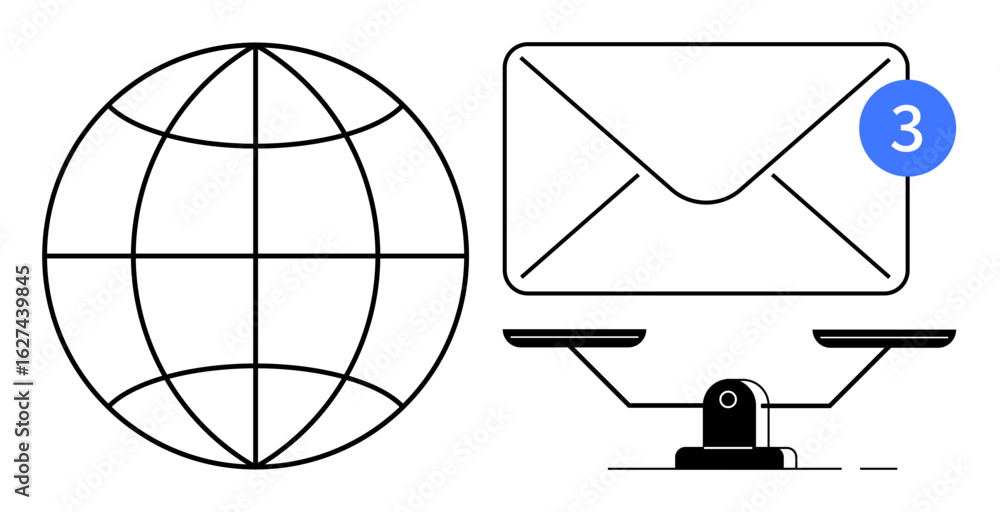 Poster globe representing worldwide connection, envelope with notification, and balance scale symbolizing f