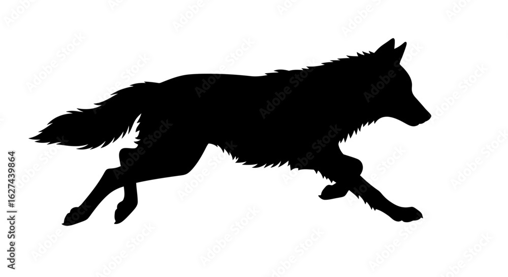 Poster side profile silhouette of a wolf in motion: dynamic vector illustration isolated on transparent bac