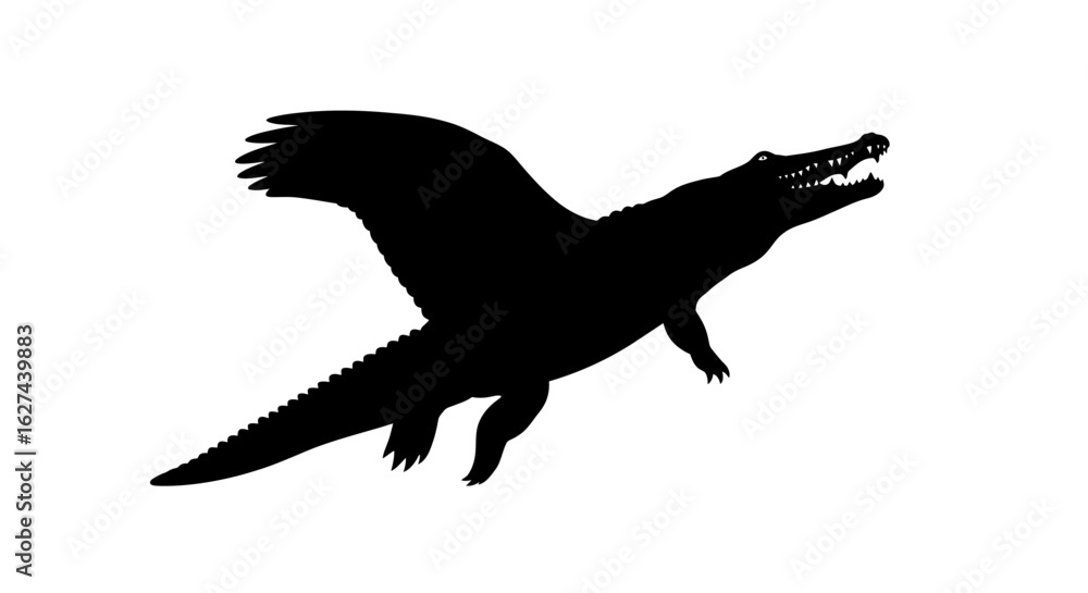 Poster side profile silhouette of a leaping crocodile with wings, isolated on transparent background; power
