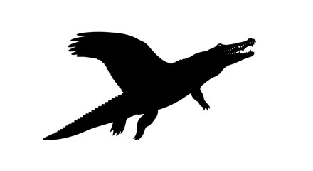 side profile silhouette of a leaping crocodile with wings, isolated on transparent background; powerful, dynamic vector illustration for design projects