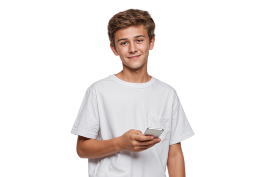 Portrait of a smiling teenage boy holding a mobile phone and scrolling social media. Isolated on white or transparent background