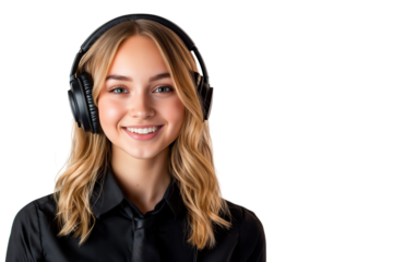 Smiling telemarketing worker or customer support representative with headphones, isolated on transparent background