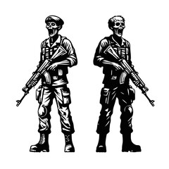 Obraz premium A stylized black and white illustration of a skeletal soldier wearing a helmet and uniform, carrying a rifle, with birds flying in the background.