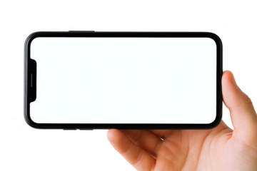 Hand holding a modern smartphone with a blank white screen, ready for content creation and digital interaction