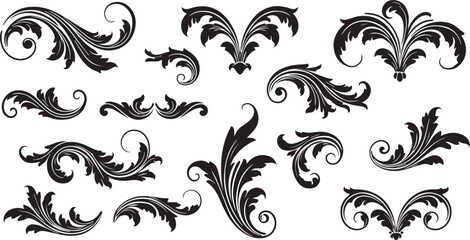 Group of Black Ornamental Flourishes and Swirls on White Background scroll ornate