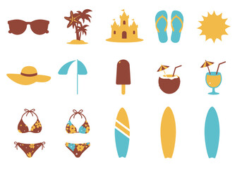 A collection of beach themed icons sunglasses palm trees sand castle flip flops sun hat umbrella popsicle coconut drink cocktail bikini surfboards