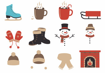 12 winter icons skate hot cocoa sled mittens boots snowmen hats scarf fireplace