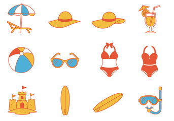 A collection of beachthemed icons including swimwear hats and recreational items