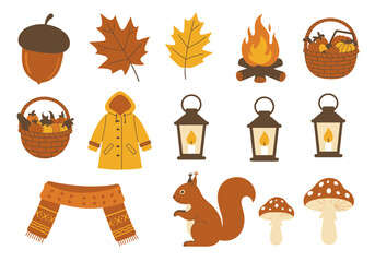 A cozy autumn illustration with items like acorns leaves firewood lanterns and forest creatures all set against a white background