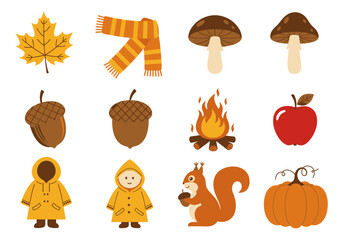 Fototapeta premium An array of autumnthemed clip art including leaves acorns and a squirrel