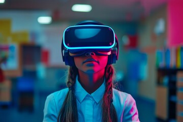 School pupil with VR headset using AI artificial intelligence technology for interactive learning in a classroom. The educational setting integrates machine learning and smart tech, Generative AI