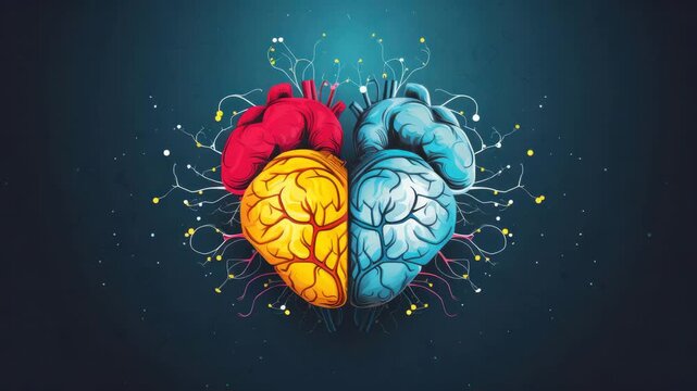 A colorful illustration of a human brain divided into red, yellow, and blue sections with abstract lines and dots