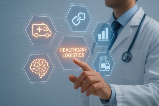 Healthcare Logistics Illustration: A medical professional interacts with a futuristic digital interface, showcasing healthcare logistics, representing medical advancements.