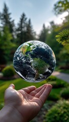 Earth floating in a hand, surrounded by nature
