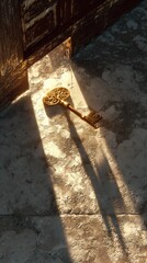 Ornate golden key lies on sunlit stone floor, casting a long shadow