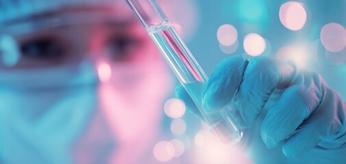 The scientist holding a test tube in a vibrant laboratory setting.