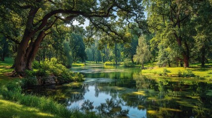Peaceful summer park with green trees and pond under sunny sky
