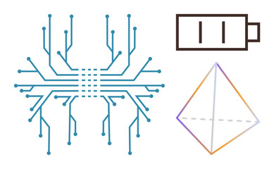 Circuit board pattern, low battery icon, and prism shape. Ideal for technology, connectivity, energy, efficiency, innovation minimalism and futuristic design. Simple flat metaphor