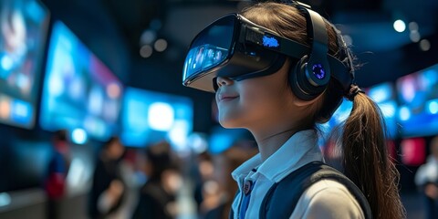 School pupil with VR headset using AI artificial intelligence smart technology for innovation and machine learning in a classroom. Interactive digital training with AI blue holograms, Generative AI