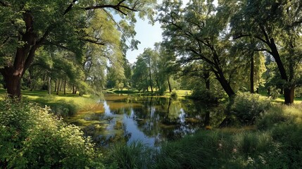 Peaceful summer park with green trees and pond under sunny sky