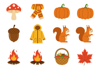 Fall clip art mushroom scarf pumpkins acorn coat squirrels fires basket maple leaf © Chico Store