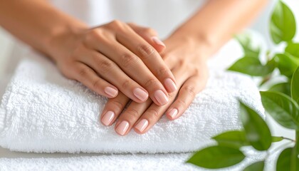 Naklejka premium Relaxing hand care treatment at a serene spa with soft towels and greenery