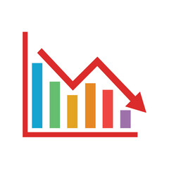 Business arrow bar chart going down represents loss and regression. Multicolor diagram