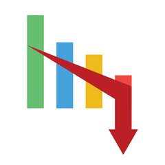 red business arrows graph going down with multicolor bars represent regression, decline, economic recession and trading loss