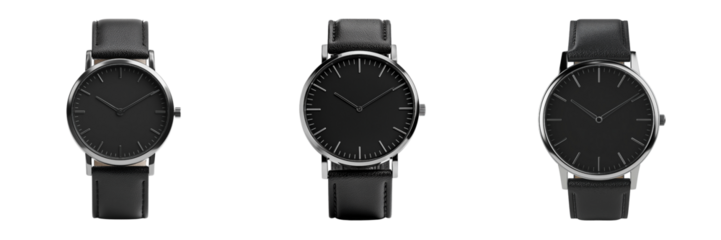 Set of Sleek black watch with leather strap isolated on a transparent background
