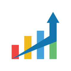 blue business arrows graph rising up with multicolor bars represent progress, success, economic boom, positive trend and trading profit
