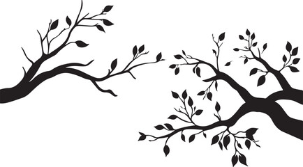 Elegant black silhouette of delicate tree branches with small leaves against a white background