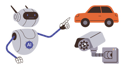 Humanoid AI robot gesturing towards a surveillance camera and an orange car, representing technology, automation, and monitoring advancements. Ideal for AI, robotics, automation, security