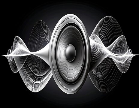 A grayscale speaker emits sound waves, visualized as flowing, concentric lines