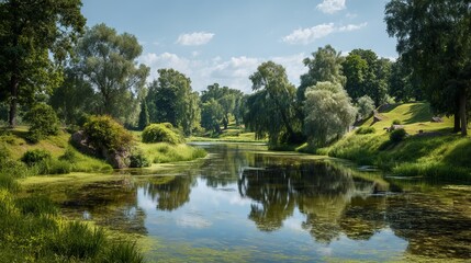Fototapeta premium Peaceful summer park with green trees and pond under sunny sky