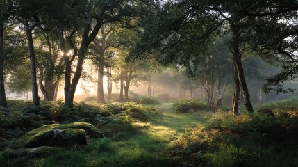 Naklejka premium Peaceful forest stream flowing through lush green woodland in summer