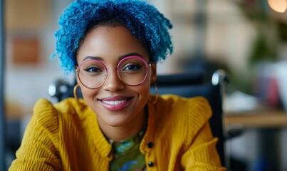Inclusive, happy, and smiling senior African American disabled office LGBTQ+ queer female, wheelchair-bound colleague with blue hair. The image emphasizes the diverse, positive, Generative AI