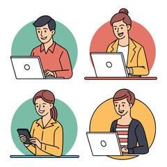 Diverse group of people working on laptops and digital devices