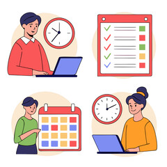 People working on laptops with calendars and clocks illustrating time management