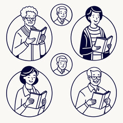 Diverse group of people reading books in circular frames
