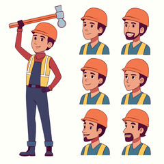 Construction worker character design with multiple expressions